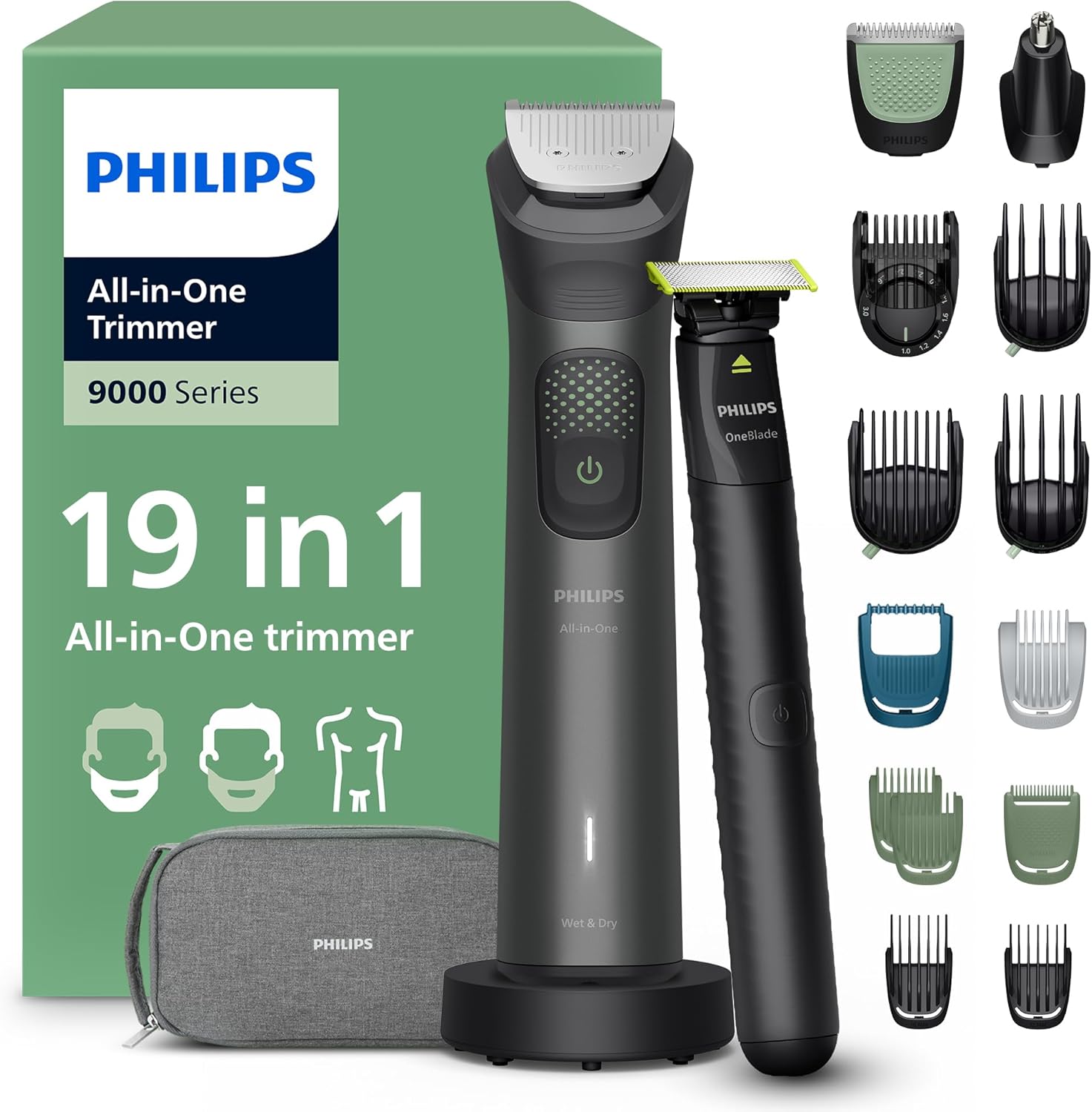 Philips Multigroom 9000 Series 19-in-1 Men’s Trimmer, Shaver & Clipper with OneBlade, Face, Head & Body Grooming Kit, 27 Length Settings, MG9556/15